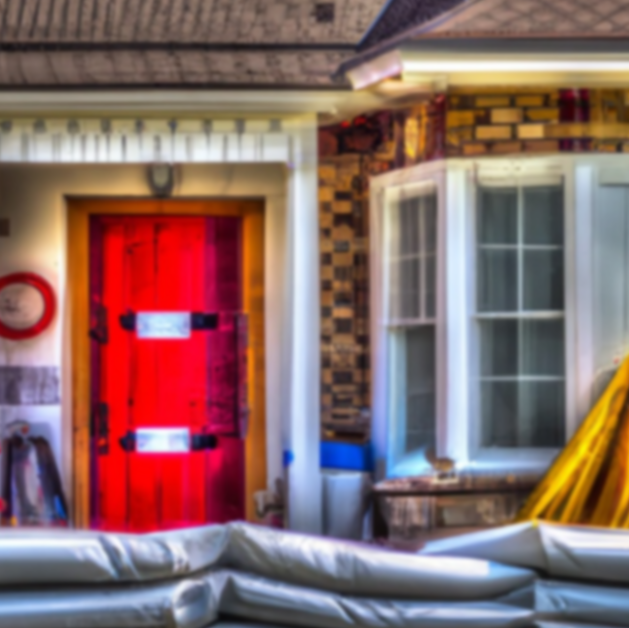 home or building surrounded by various protective measures, such as flood barriers, fire suppression systems, and reinforced doors and windows.png